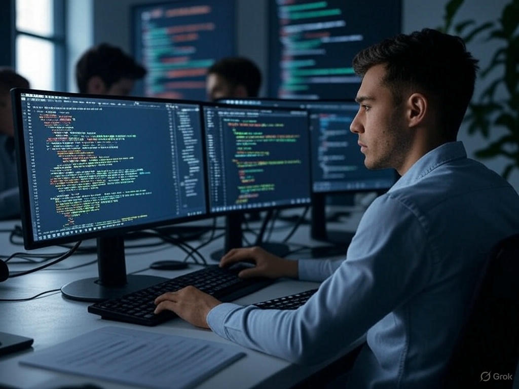 Person working on computer with multiple screens showing code