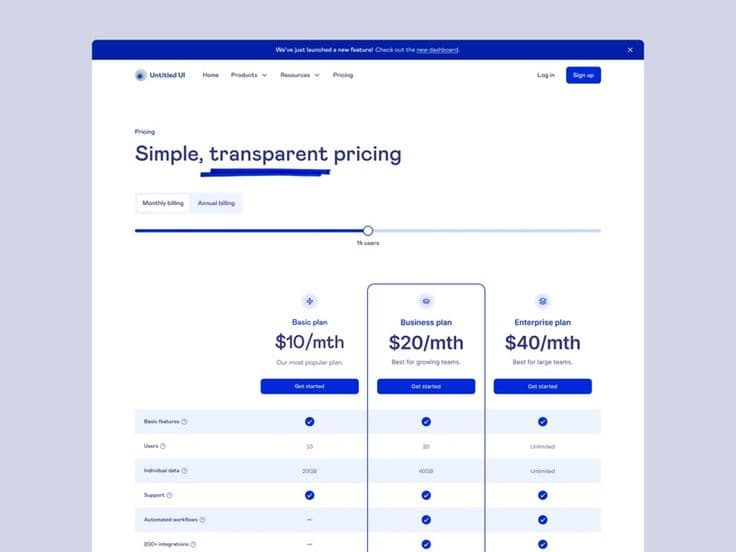 Pricing dashboard interface