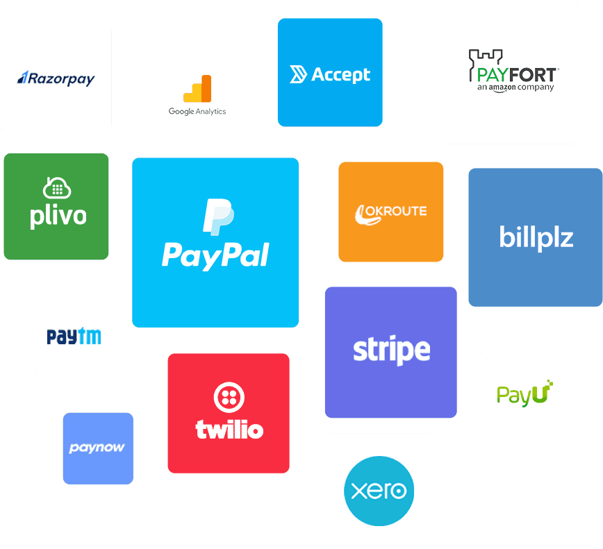 Integration Partners Logos including PayPal, Stripe, Twilio, Razorpay and more